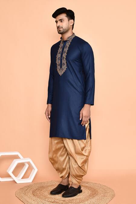 Shop Arihant Rai Sinha Blue Cotton Embroidery Kurta With Patiyala Online at Aza Fashions Shop_Arihant Rai Sinha_Blue Cotton Embroidery Kurta With Patiyala _Online_at_Aza_Fashions