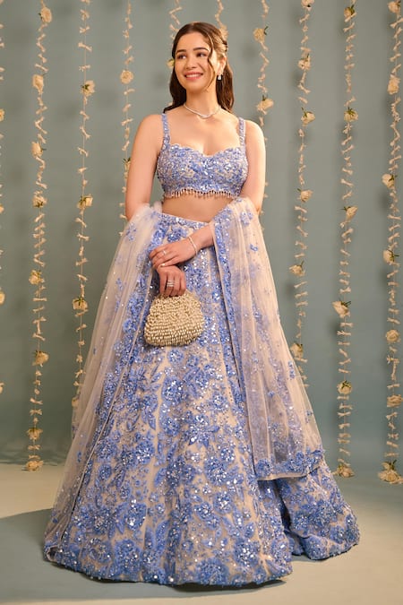 Seema Gujral Blue Net Embroidered 3d Florals Sweetheart Lehenga