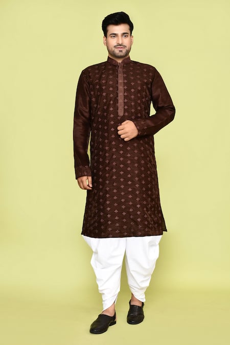 Buy_Arihant Rai Sinha_Brown Denim, Cotton Embroidery Floral Butti Kurta With Patiyala_Online_at_Aza_Fashions