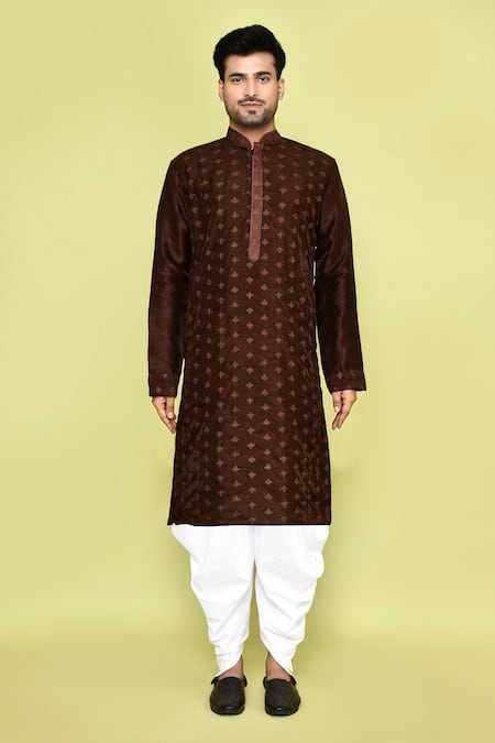 Shop_Arihant Rai Sinha_Brown Denim, Cotton Embroidery Floral Butti Kurta With Patiyala_Online_at_Aza_Fashions