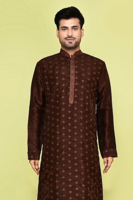 Arihant Rai Sinha_Brown Denim, Cotton Embroidery Floral Butti Kurta With Patiyala_at_Aza_Fashions