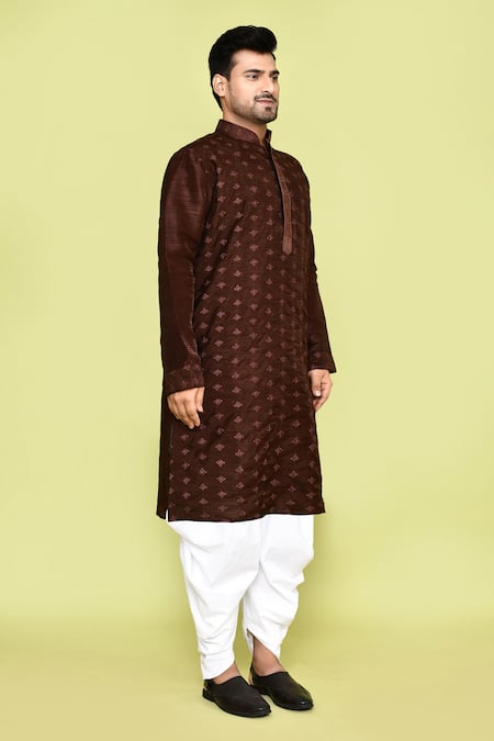 Buy_Arihant Rai Sinha_Brown Denim, Cotton Embroidery Floral Butti Kurta With Patiyala