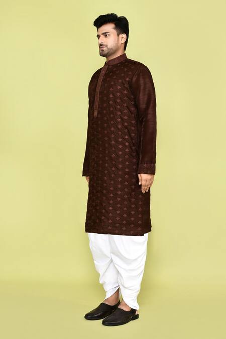 Shop_Arihant Rai Sinha_Brown Denim, Cotton Embroidery Floral Butti Kurta With Patiyala