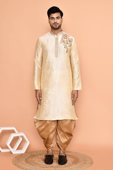 Buy_Arihant Rai Sinha_Beige Denim, Silk Embroidery Botanical Kurta With Patiyala _Online_at_Aza_Fashions