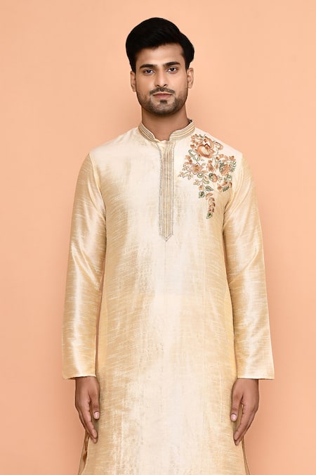 Shop_Arihant Rai Sinha_Beige Denim, Silk Embroidery Botanical Kurta With Patiyala _Online_at_Aza_Fashions