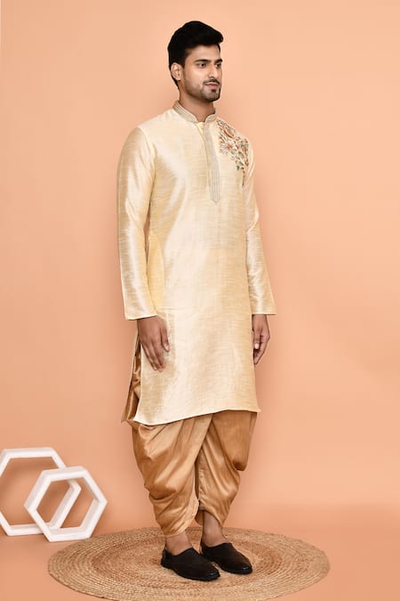 Buy_Arihant Rai Sinha_Beige Denim, Silk Embroidery Botanical Kurta With Patiyala 