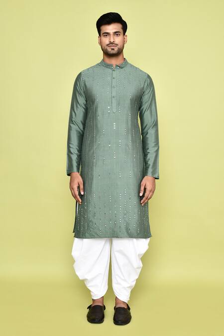 Buy_Arihant Rai Sinha_Green Silk, Cotton Mirrors Linear Embroidered Kurta With Patiyala _Online_at_Aza_Fashions