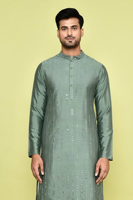 Shop_Arihant Rai Sinha_Green Silk, Cotton Mirrors Linear Embroidered Kurta With Patiyala _Online_at_Aza_Fashions