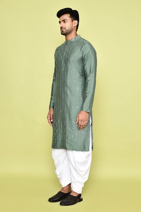 Arihant Rai Sinha_Green Silk, Cotton Mirrors Linear Embroidered Kurta With Patiyala _at_Aza_Fashions