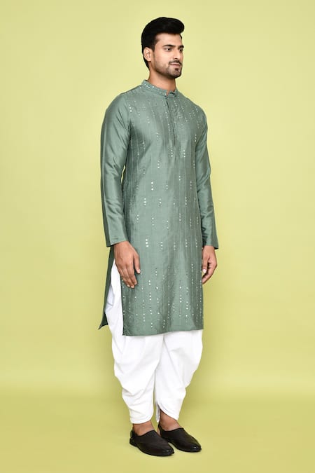 Buy_Arihant Rai Sinha_Green Silk, Cotton Mirrors Linear Embroidered Kurta With Patiyala 