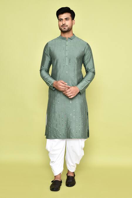 Shop_Arihant Rai Sinha_Green Silk, Cotton Mirrors Linear Embroidered Kurta With Patiyala 