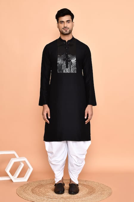 Shop_Arihant Rai Sinha_Black Silk, Cotton Embroidery Geometric Kurta With Patiyala_Online_at_Aza_Fashions