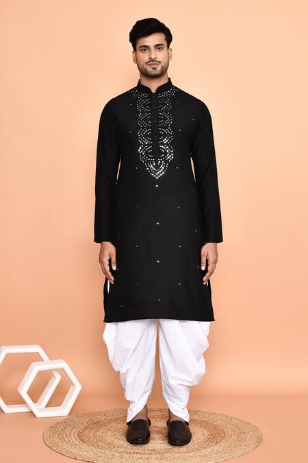 Shop_Arihant Rai Sinha_Black Silk, Cotton Embroidery, Mirrors Floral Kurta With Patiyala _Online_at_Aza_Fashions