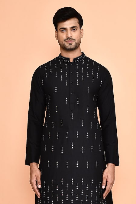 Buy_Arihant Rai Sinha_Black Silk, Cotton Mirrors Linear Embroidered Kurta With Patiyala _Online_at_Aza_Fashions
