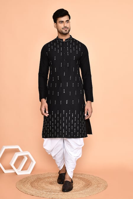 Shop_Arihant Rai Sinha_Black Silk, Cotton Mirrors Linear Embroidered Kurta With Patiyala 