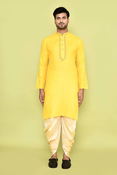 Buy_Arihant Rai Sinha_Yellow Cotton, Silk Stones, Embroidery Kurta With Patiyala _Online_at_Aza_Fashions