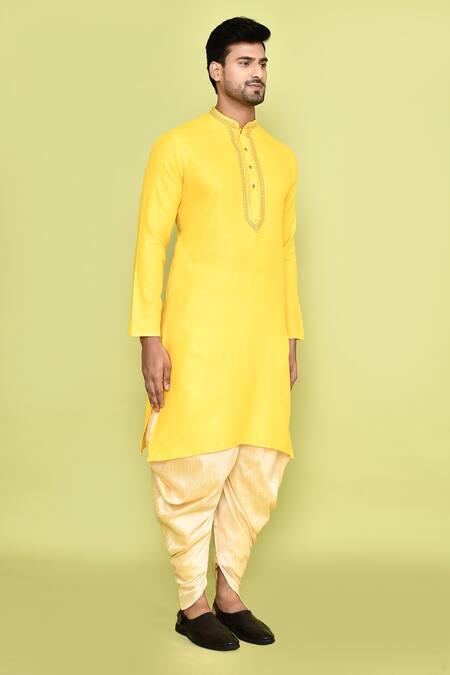 Arihant Rai Sinha_Yellow Cotton, Silk Stones, Embroidery Kurta With Patiyala _at_Aza_Fashions