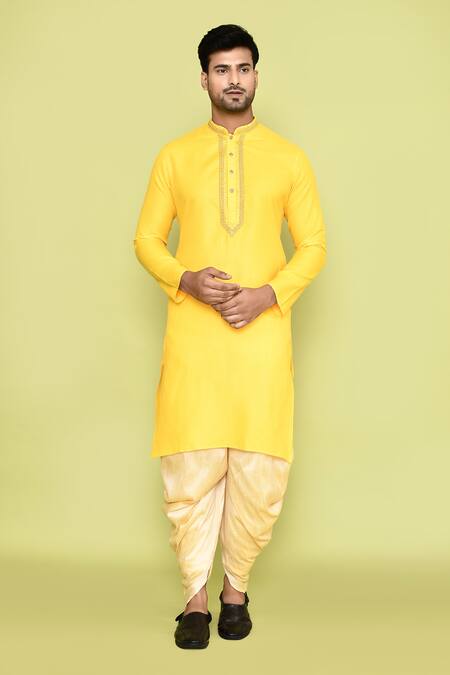 Shop_Arihant Rai Sinha_Yellow Cotton, Silk Stones, Embroidery Kurta With Patiyala 