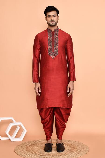 Shop_Arihant Rai Sinha_Maroon Silk Embroidery Floral Thread Kurta With Patiyala _Online_at_Aza_Fashions