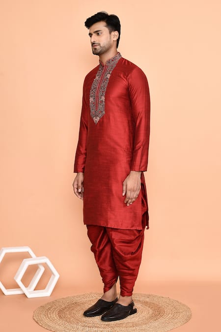 Arihant Rai Sinha_Maroon Silk Embroidery Floral Thread Kurta With Patiyala _at_Aza_Fashions