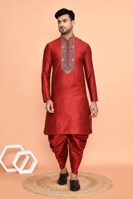 Shop_Arihant Rai Sinha_Maroon Silk Embroidery Floral Thread Kurta With Patiyala 
