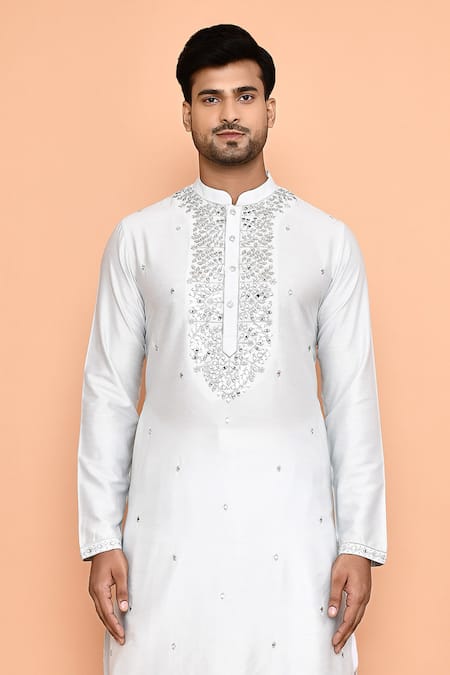 Arihant Rai Sinha Grey Silk, Cotton Embroidery Solid Thread Kurta With Patiyala Online at Aza Fashions Arihant Rai Sinha_Grey Silk, Cotton Embroidery Solid Thread Kurta With Patiyala _Online_at_Aza_Fashions