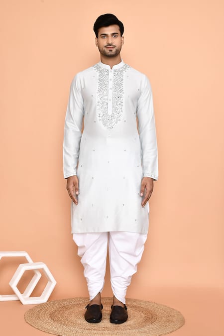 Buy_Arihant Rai Sinha_Grey Silk, Cotton Embroidery Solid Thread Kurta With Patiyala _Online_at_Aza_Fashions