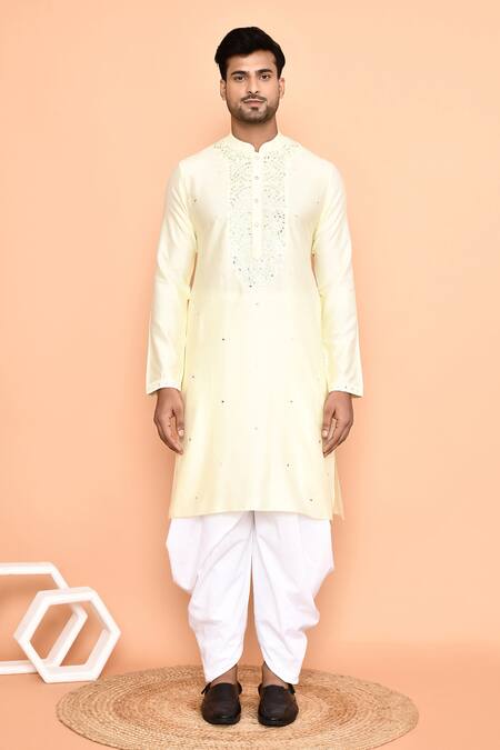 Shop Arihant Rai Sinha Yellow Silk, Pashmina Mirrors, Embroidery Geometric Work Kurta With Patiyala Online at Aza Fashions Shop_Arihant Rai Sinha_Yellow Silk, Pashmina Mirrors, Embroidery Geometric Work Kurta With Patiyala _Online_at_Aza_Fashions