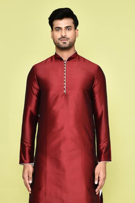 Buy_Arihant Rai Sinha_Maroon Silk, Pashmina Solid Straight Kurta With Patiyala _Online_at_Aza_Fashions