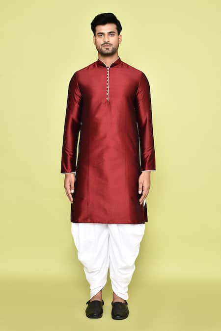Shop_Arihant Rai Sinha_Maroon Silk, Pashmina Solid Straight Kurta With Patiyala _Online_at_Aza_Fashions