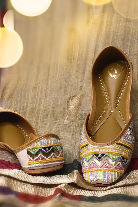 Shop_Yassio_Multi Color Aziza Aztec Bead Embroidered Juttis _at_Aza_Fashions