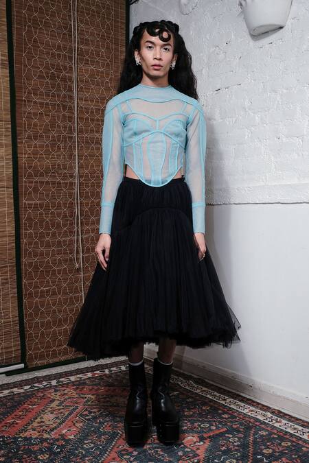 Buy_Quod_Black Nylon Quod Willow Double Layered Skirt_Online_at_Aza_Fashions