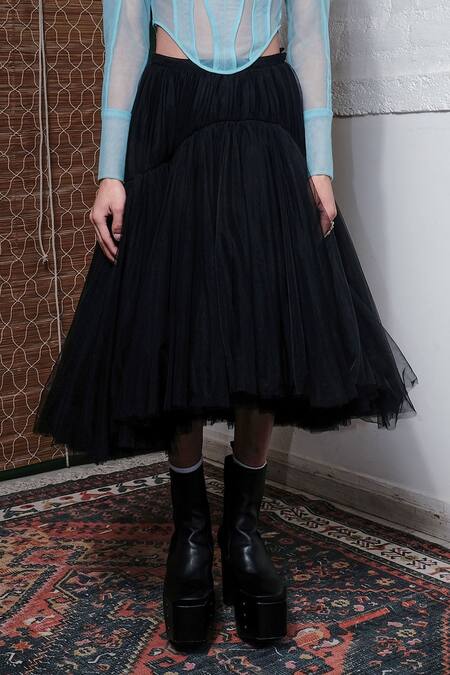 Shop_Quod_Black Nylon Quod Willow Double Layered Skirt_Online_at_Aza_Fashions