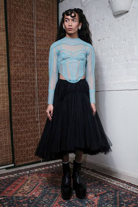 Quod_Black Nylon Quod Willow Double Layered Skirt_at_Aza_Fashions