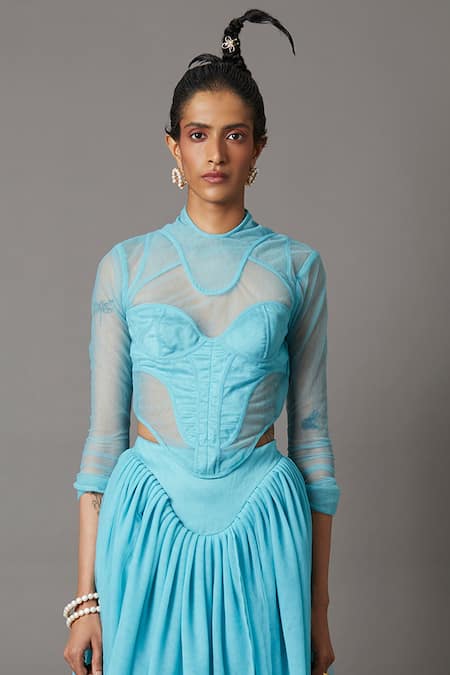 Quod_Blue 100% Nylon High Neck Splash Sheer Mesh Top_Online_at_Aza_Fashions