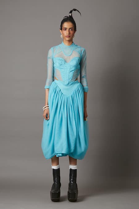 Buy_Quod_Blue 100% Nylon High Neck Splash Sheer Mesh Top_Online_at_Aza_Fashions