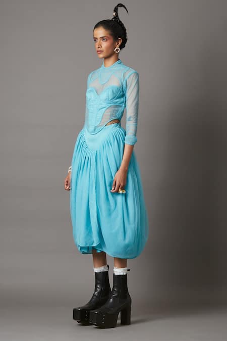 Shop_Quod_Blue 100% Nylon High Neck Splash Sheer Mesh Top_Online_at_Aza_Fashions