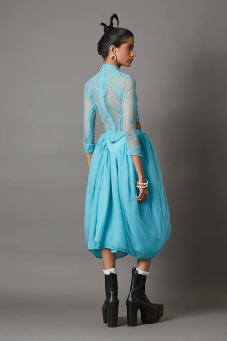 Quod_Blue 100% Nylon High Neck Splash Sheer Mesh Top_at_Aza_Fashions