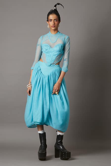 Buy_Quod_Blue 100% Nylon High Neck Splash Sheer Mesh Top