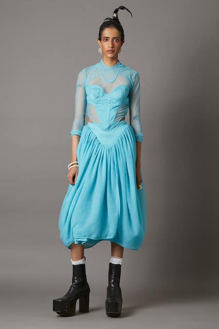 Shop_Quod_Blue 100% Nylon High Neck Splash Sheer Mesh Top