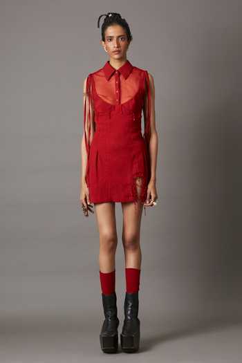 QUOD_Red 100% Viscose Embellished Bead String Collared Mini Climber Dress_Online_at_Aza_Fashions