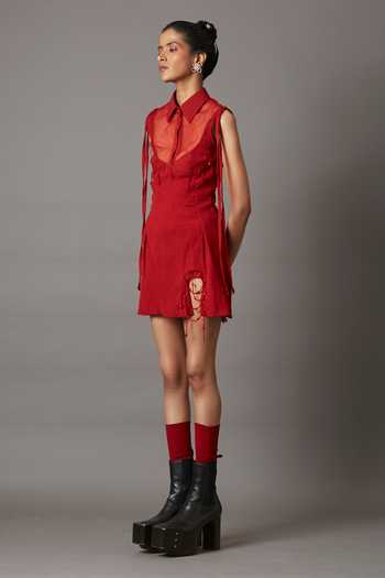 Buy_QUOD_Red 100% Viscose Embellished Bead String Collared Mini Climber Dress_Online_at_Aza_Fashions