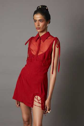 Shop_QUOD_Red 100% Viscose Embellished Bead String Collared Mini Climber Dress_Online_at_Aza_Fashions