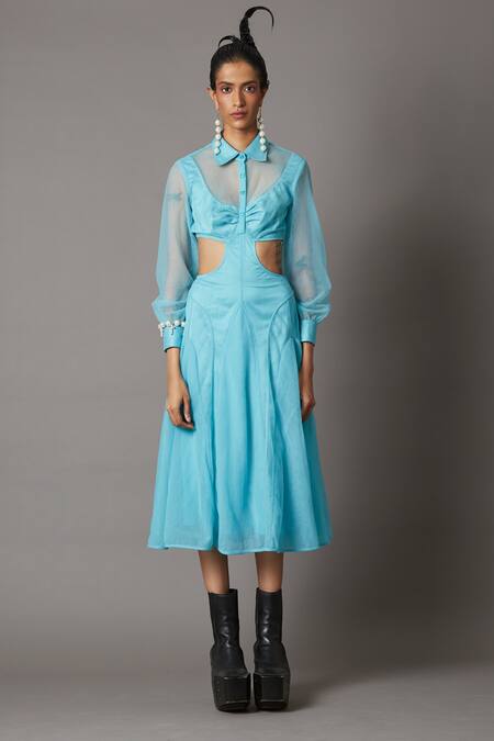 Quod_Blue 80% Nylon Collared Beam Mesh Midi Dress_Online_at_Aza_Fashions