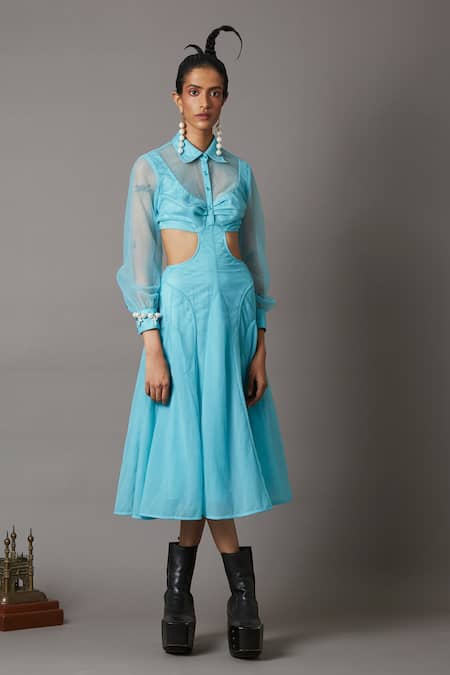 Buy_Quod_Blue 80% Nylon Collared Beam Mesh Midi Dress_Online_at_Aza_Fashions