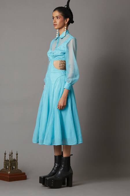 Shop_Quod_Blue 80% Nylon Collared Beam Mesh Midi Dress_Online_at_Aza_Fashions