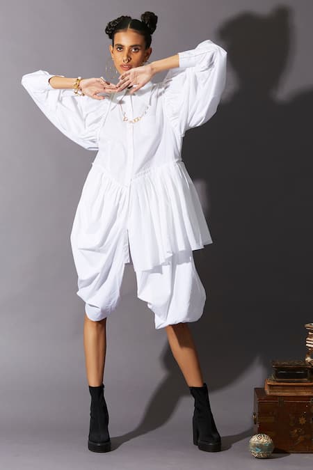 Quod White 100% Cotton Solid Collared Asymmetric Shirt Dress