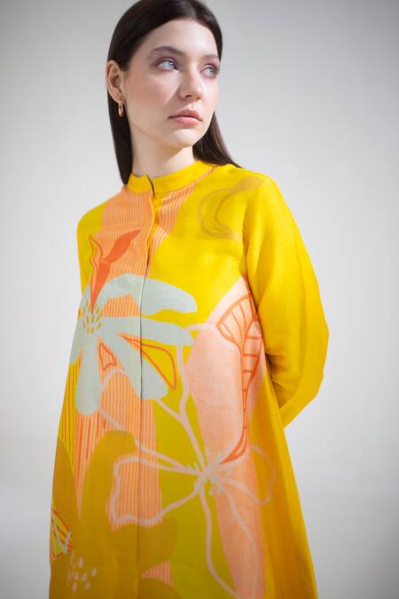 Buy_Clos_Yellow Silk Bandeau Neck Abstract Floral Print Short Kaftan With Pant _Online_at_Aza_Fashions