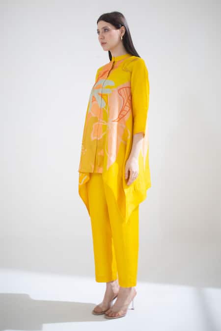 Shop_Clos_Yellow Silk Bandeau Neck Abstract Floral Print Short Kaftan With Pant _Online_at_Aza_Fashions
