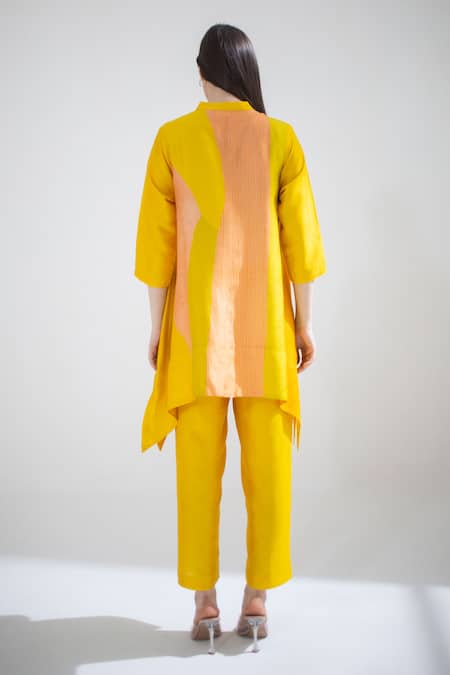 Shop_Clos_Yellow Silk Bandeau Neck Abstract Floral Print Short Kaftan With Pant _at_Aza_Fashions